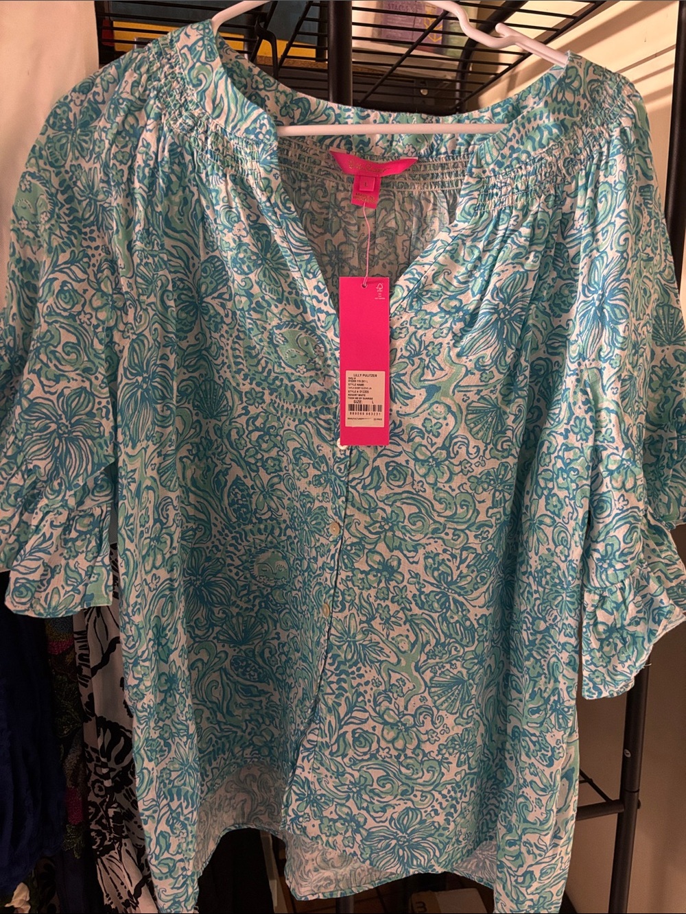 Lilly Pulitzer Aqua & White Tayla Short Sleeve Linen Blouse NWT